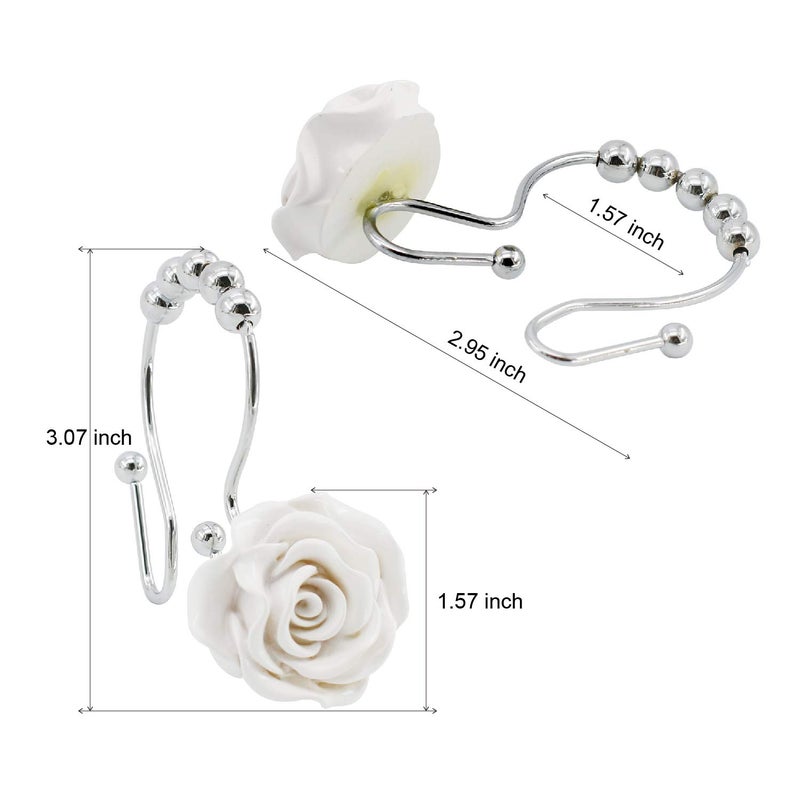 BEAVO Rose Shower Curtain Hooks,12 Pcs Double Glide Shower Curtain Rings Stainless Steel Rustproof Decorative Shower Hook Ring with Resin Rose Flower for Bathroom Shower Rods (White) - Image 3